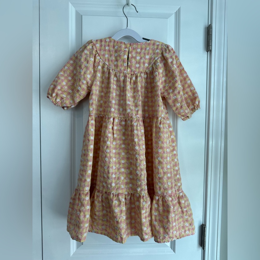 Zara Girls Gingham Floral Embroidered Puff Sleeve Dress Pink Size 4-5 - Picture 3 of 5